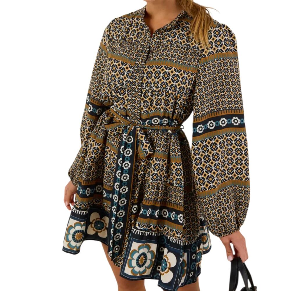 Women's Avara Rory Abstract Mini Dress Long Sleeves Belted Waist A-Line Small
